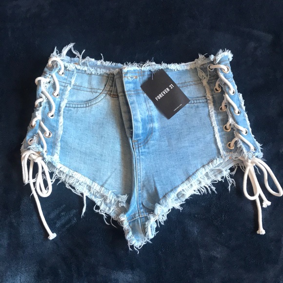Forever 21 Pants - NWT Frayed Lace-Up Denim Short Shorts